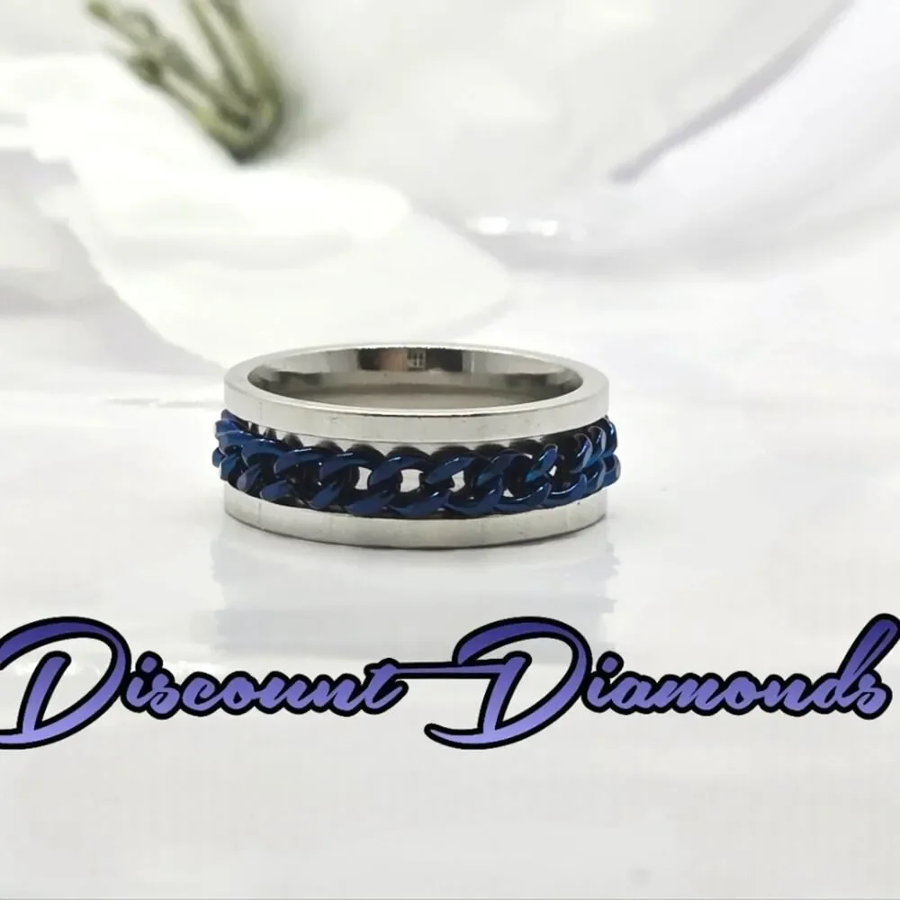 SPINNER  Titanium Polished Silver Ring - Blue Chain